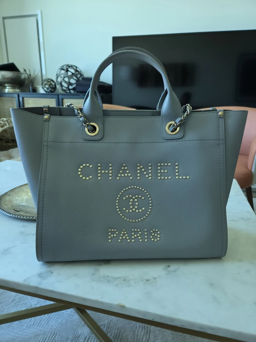 CHANEL gray studded